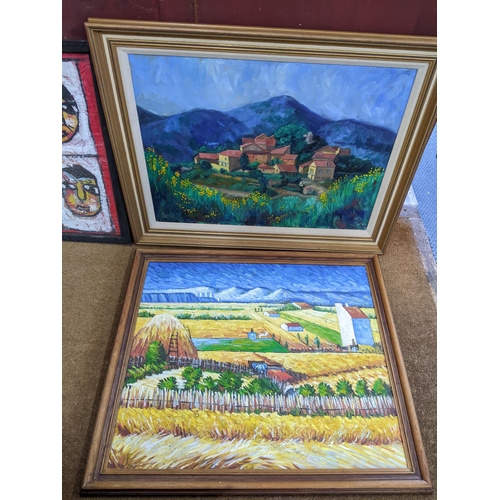 341 - After Van Gough - 'The Harvest', oil on board, 27 inches x 23 inches, framed, an oil on canvas hills... 