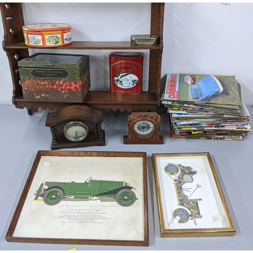 366 - A mixed lot to include an oak wall hanging shelf, vintage tins, two clocks, framed pictures and clas... 