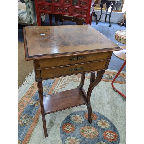 79 - A 19th century French work table having a hinged top, two drawers and shelf below, 77h x 49.5w, Loca... 