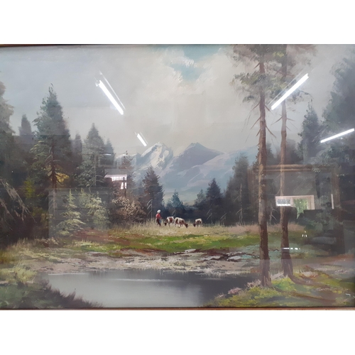 279 - A German oil painting a figure and cows in a forest landscape, indistinctly signed, in a walnut fram... 