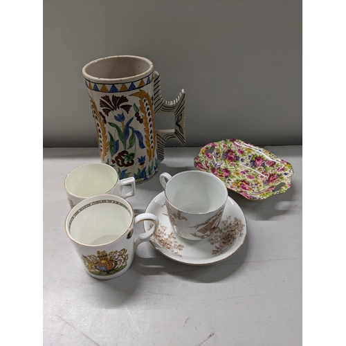 195 - Ceramics to include a Isnick vase commemorative mugs, a cup and saucer and a Winton Chinty dish
Loca... 