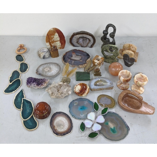 355 - A mixed lot to include a small amethyst crystal cluster, a pyrite crystal, agate wind chime, agate b... 