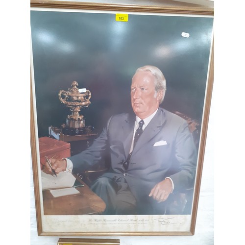 103 - Terence Cuneo - The Right Honourable Edward Heath, 56cm x 71cm, signed by Terence and the Prime Mini... 