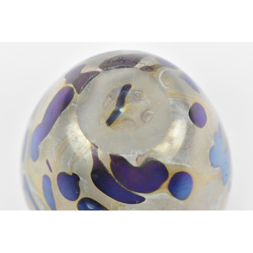 56 - Siddy Langley (b.1955)- a studio glass vase with mottled ground and blue opalescent spots, signed to... 