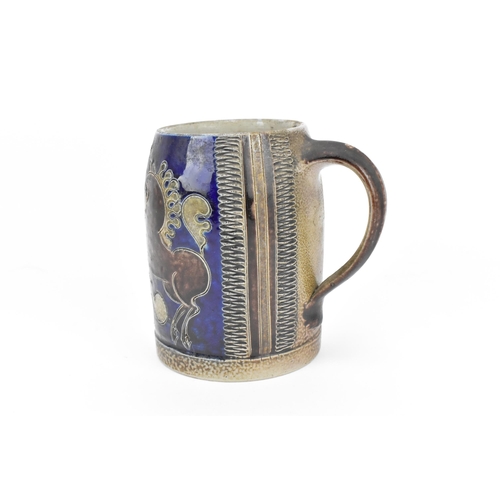 64 - An English salt-glazed pottery tankard, in the style of Doulton & Lambeth, with blue glazed ground w... 