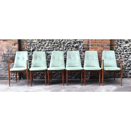 153 - Peter Hayward for Vanson- a set of six teak framed green velvet upholstered dining chairs, comprisin... 