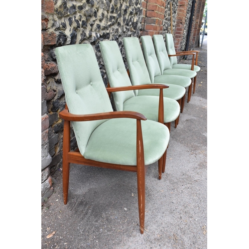 153 - Peter Hayward for Vanson- a set of six teak framed green velvet upholstered dining chairs, comprisin... 