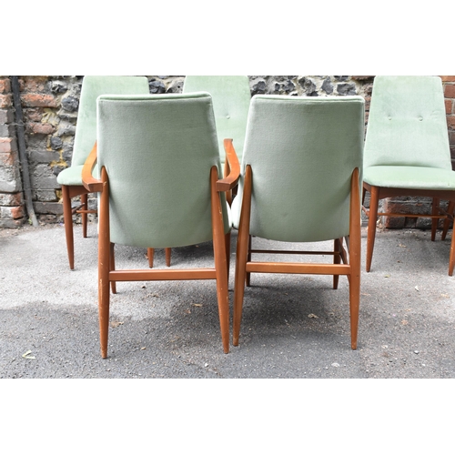 153 - Peter Hayward for Vanson- a set of six teak framed green velvet upholstered dining chairs, comprisin... 