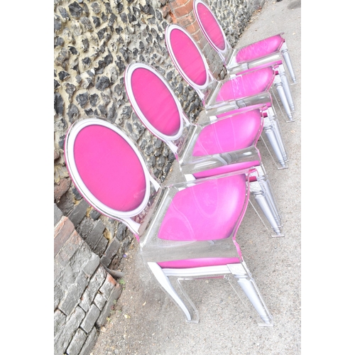 161 - A set of four modern Acrila 'Sixteen' chairs, in clear Perspex and pink and grey Louis XVI chair sty... 