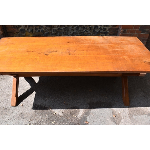 170 - A mid century pine and oak x-frame refectory table, of rectangular form with trestle base, the top s... 