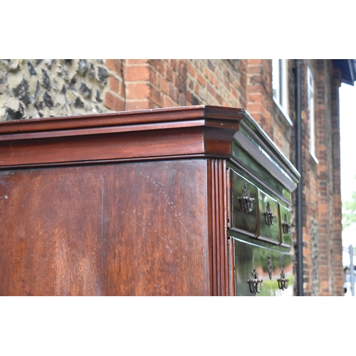 210 - A George III mahogany chest on chest, with moulded cornice, chamfered reeded corners, with three sho... 