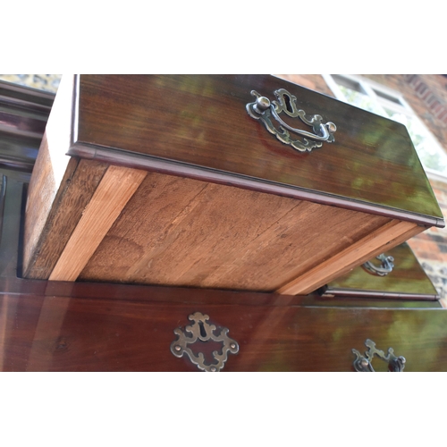 210 - A George III mahogany chest on chest, with moulded cornice, chamfered reeded corners, with three sho... 