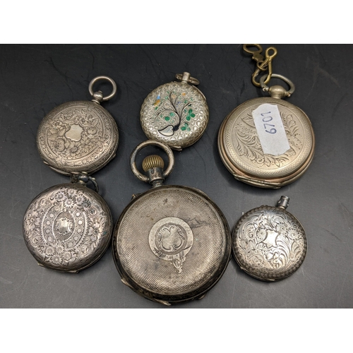 21 - Six late 19th/early 20th century fob watches to include a silver watch having an engine turned case ... 