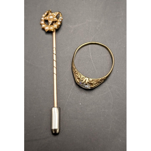 6 - A 9ct gold and paste stone ring, together with a yellow metal stick pin tested as 9ct, total weight ... 