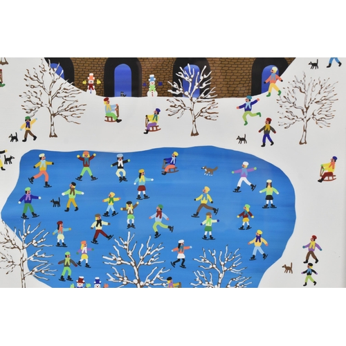 215 - Gordon Barker (contemporary Devon artist), acrylic on board, depicting children playing in the snow ... 