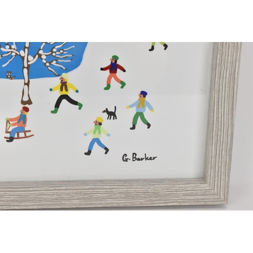 215 - Gordon Barker (contemporary Devon artist), acrylic on board, depicting children playing in the snow ... 