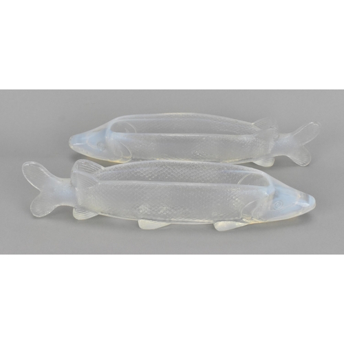 40 - A pair of Victorian opalescent glass pike fish vase troughs  by Molineaux Webb, with pressed registr... 