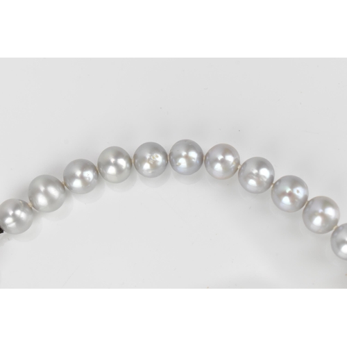 302 - An 18ct white gold and single strand cultured Tahitian pearl necklace, of light grey colour, approxi... 