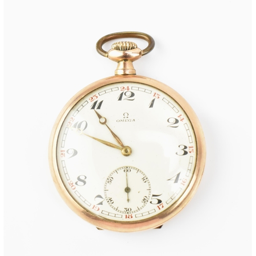 32 - An Omega, early 20th century gold plated, open faced pocket watch, circa 1925, having a white enamel... 
