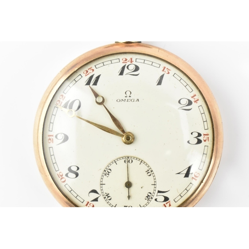 32 - An Omega, early 20th century gold plated, open faced pocket watch, circa 1925, having a white enamel... 