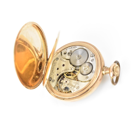 32 - An Omega, early 20th century gold plated, open faced pocket watch, circa 1925, having a white enamel... 