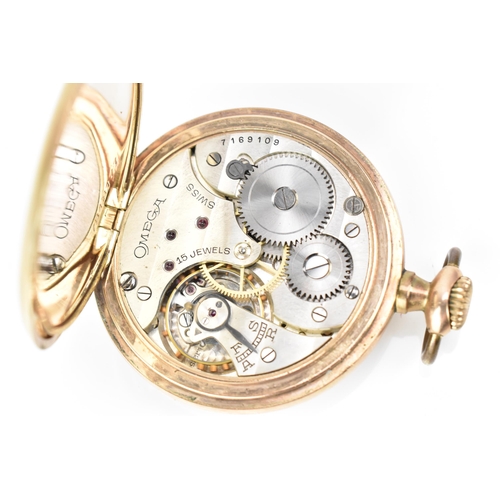 32 - An Omega, early 20th century gold plated, open faced pocket watch, circa 1925, having a white enamel... 