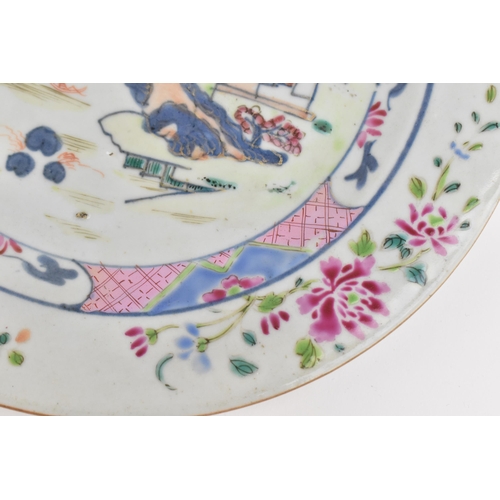 10 - Two Chinese 18th century Famille Rose plates, one Yongzheng, the other Qianlong, the former of circu... 