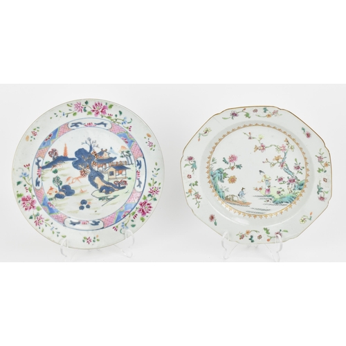 10 - Two Chinese 18th century Famille Rose plates, one Yongzheng, the other Qianlong, the former of circu... 