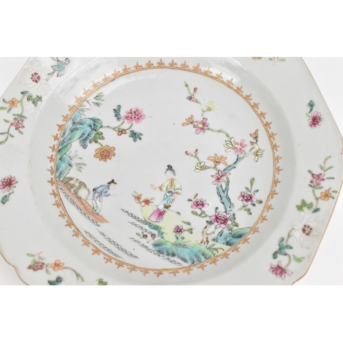 10 - Two Chinese 18th century Famille Rose plates, one Yongzheng, the other Qianlong, the former of circu... 