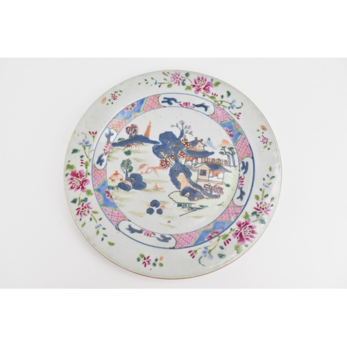 10 - Two Chinese 18th century Famille Rose plates, one Yongzheng, the other Qianlong, the former of circu... 