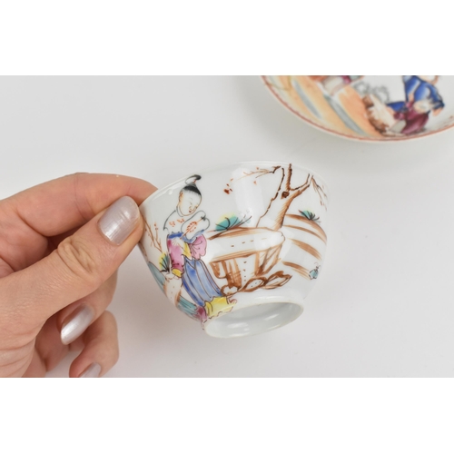 24 - Two Chinese export porcelain Famille Rose teabowls and saucers, 18th century, each decorated with en... 