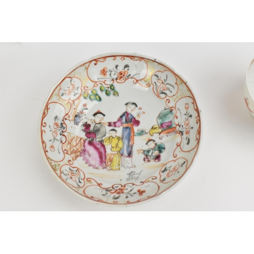 24 - Two Chinese export porcelain Famille Rose teabowls and saucers, 18th century, each decorated with en... 