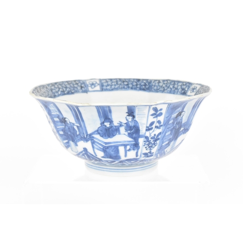 3 - A Chinese polylobed blue and white Ming style bowl, 18th century, the exterior with figural scene th... 