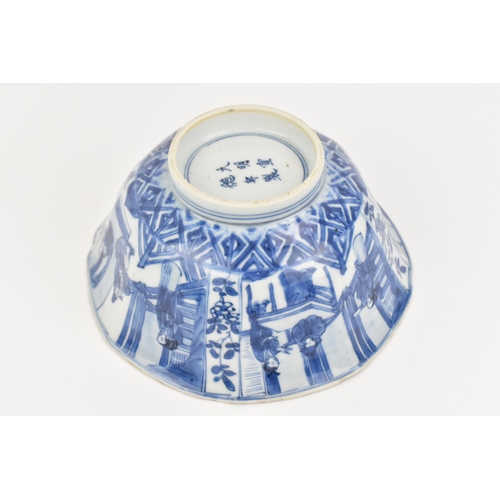 3 - A Chinese polylobed blue and white Ming style bowl, 18th century, the exterior with figural scene th... 