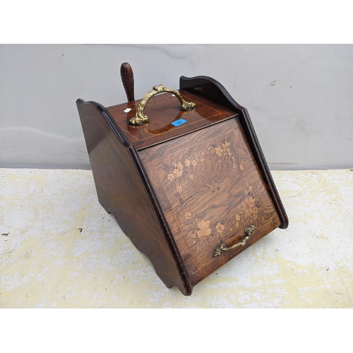 191 - A Victorian inlaid rosewood coal purdonium with brass handles and a shovel 
Location: G