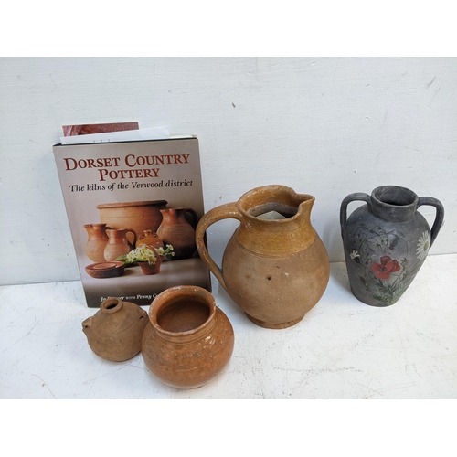 201 - Verwood pottery comprising a jug, a vase and a miniature costrel which was a container for lavender ... 