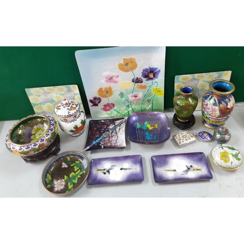 100 - A group of modern cloisonne and an enamelled  ornaments to include an Austrian steinbook Emau dish a... 