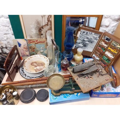 139 - A mixed lot to include a decorative pier style mirror, 3 vintage walking sticks, vintage kitchen sca... 