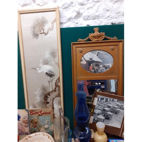 139 - A mixed lot to include a decorative pier style mirror, 3 vintage walking sticks, vintage kitchen sca... 