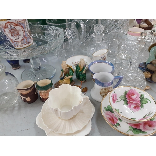 144 - Mixed 20th century cut glass to include a cake plate on pedestal stand, 2 jugs, an Austrian blue ove... 