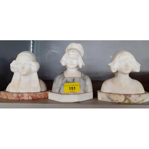 151 - Three Dutch inspired marble busts, 13 cm high 
Location: A1B