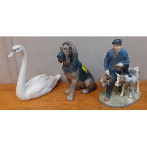 212 - A Royal Copenhagen model of a dog, a Royal Copenhagen model of a farmer leading two animals, and a L... 