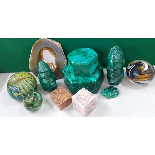 90 - A group of late 20th century collectables to include Malachite, glass paperweights to include Wedgew... 