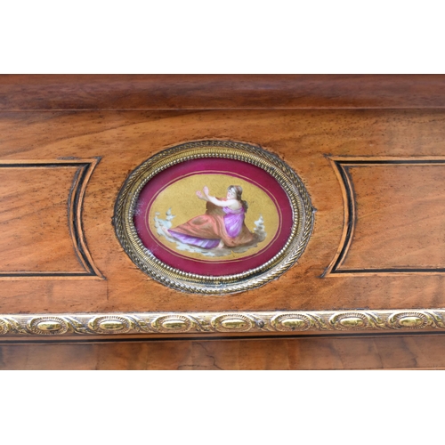 421 - A 19th century ormolu-mounted burr walnut breakfront credenza, set with KPM style plaques, the mould... 