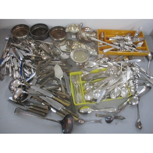 101 - A large selection of silver plated cutlery, together with wine coasters, posy vase and other items L... 