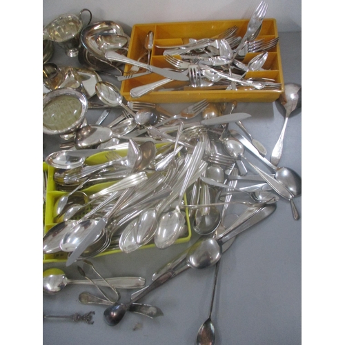 101 - A large selection of silver plated cutlery, together with wine coasters, posy vase and other items L... 