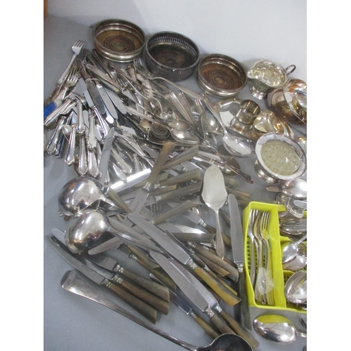 101 - A large selection of silver plated cutlery, together with wine coasters, posy vase and other items L... 