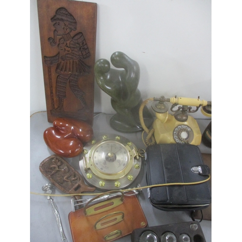 103 - A mixed lot to include an Electra Bakelite telephone, figural sculpture initialled KH, Coco de Mer s... 