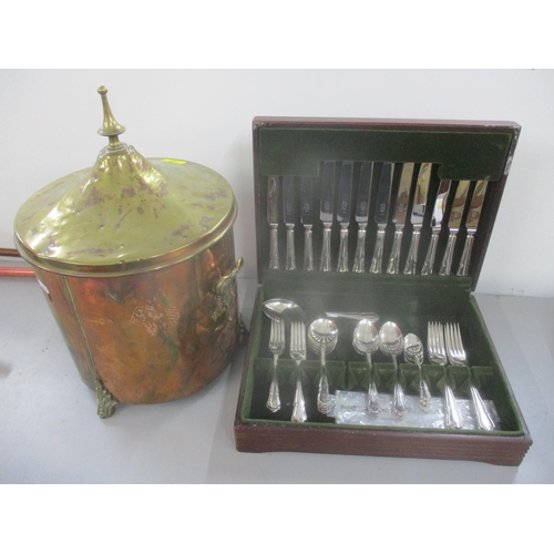 108 - A late 19th / early 20th copper and brass coal/ log bucket together with a Butler Sheffield canteen ... 