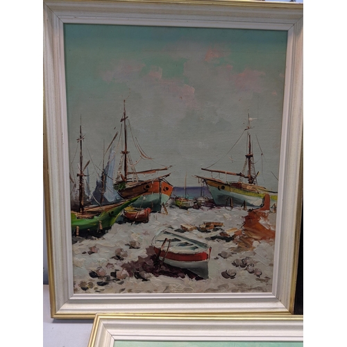 128 - A collection of pictures to include two framed boat docking scenes, oil on board, an oleograph portr... 